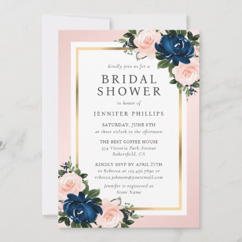 Pink Navy Blue Gold Floral Bridal Shower Invitation