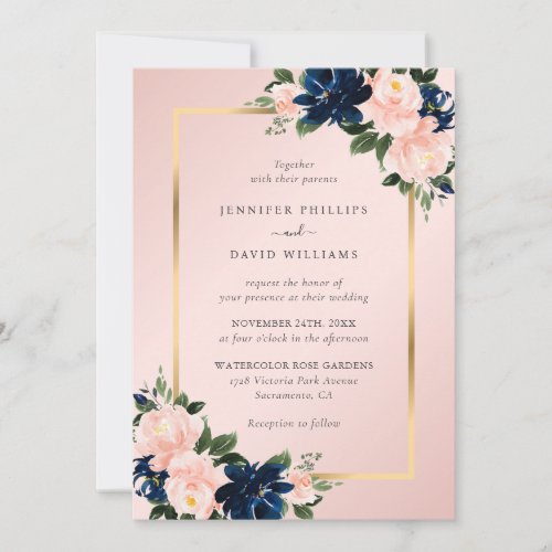 Pink Navy Blue Gold Watercolor Floral Wedding Invitation
