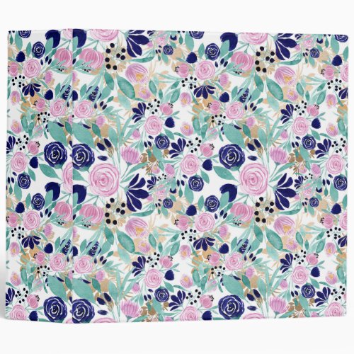 Pink Navy Blue Gold Watercolor Flowers Pattern 3 Ring Binder