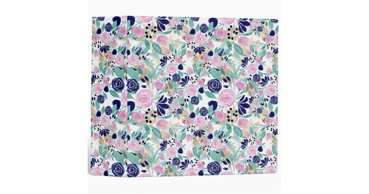 Pink Navy Blue Gold Watercolor Flowers Pattern 3 Ring Binder | Zazzle