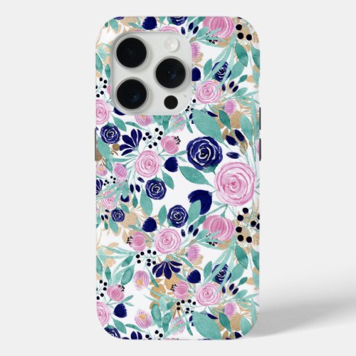 Pink Navy Blue Gold Watercolor Flowers Pattern iPhone 15 Pro Case