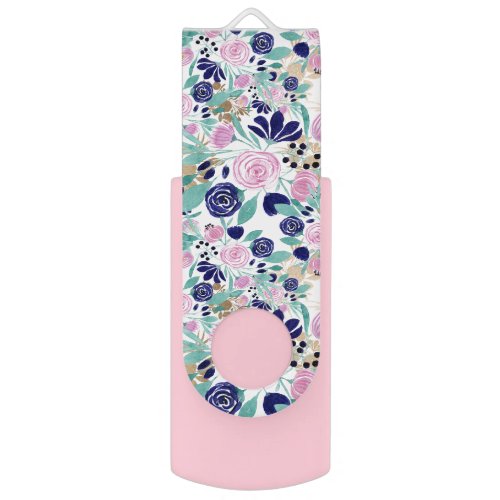 Pink Navy Blue Gold Watercolor Flowers Pattern Flash Drive