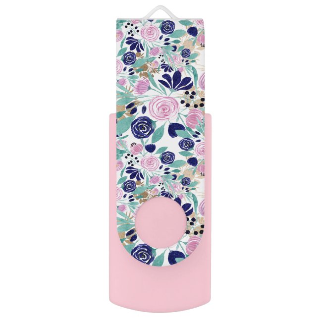 Pink Navy Blue Gold Watercolor Flowers Pattern Flash Drive (Front Vertical)