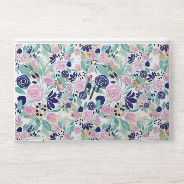 Pink Navy Blue Gold Watercolor Flowers Pattern HP Laptop Skin | Zazzle