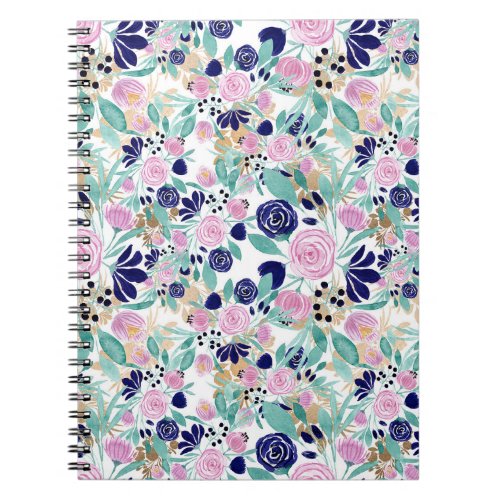 Pink Navy Blue Gold Watercolor Flowers Pattern Notebook