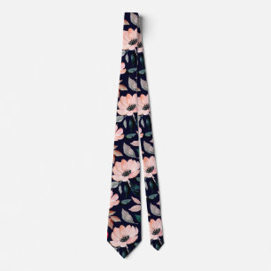 Pink Navy Blue Greenery Watercolor Floral Pattern Neck Tie