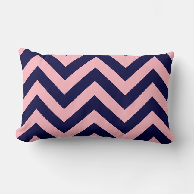 Pink, Navy Blue Large Chevron ZigZag Pattern Lumbar Pillow (Front)