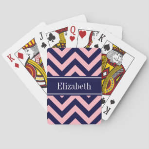Pink, Navy Blue LG Chevron Navy Name Monogram Poker Cards