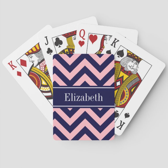 Pink, Navy Blue LG Chevron Navy Name Monogram Poker Cards (Back)