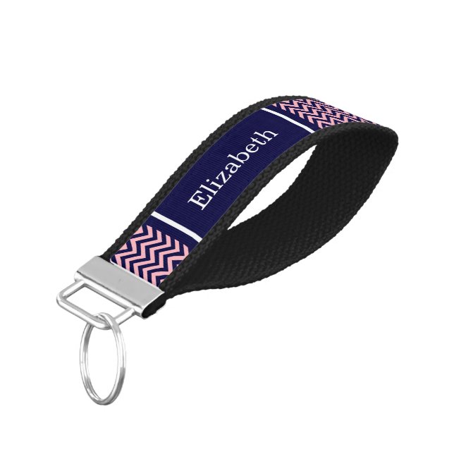 Pink, Navy Blue LG Chevron Navy Name Monogram Wrist Keychain (Angled Down)