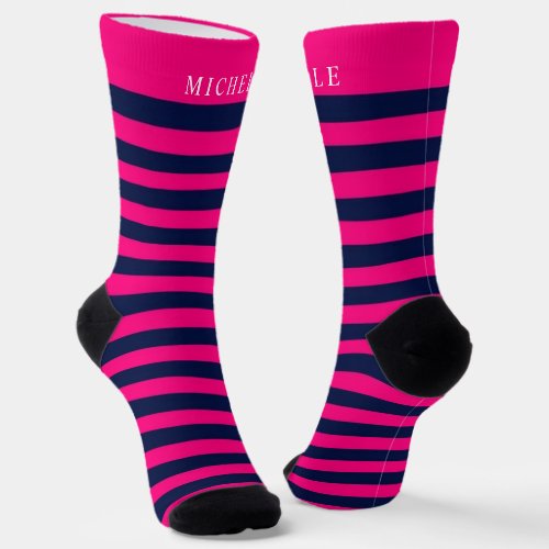 Pink Navy Blue Lines Striped Custom Name  Socks