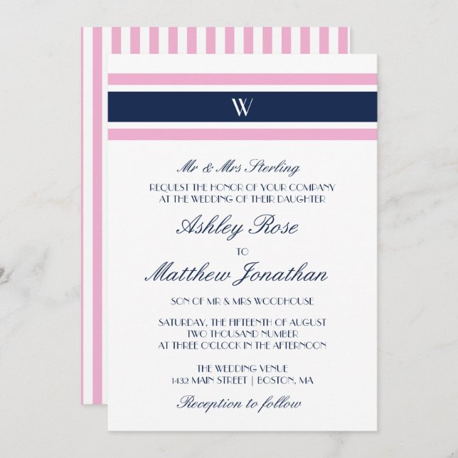 Pink & Navy Blue | Monogram Wedding Invitation (Front/Back)