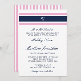 Pink & Navy Blue | Monogram Wedding Invitation