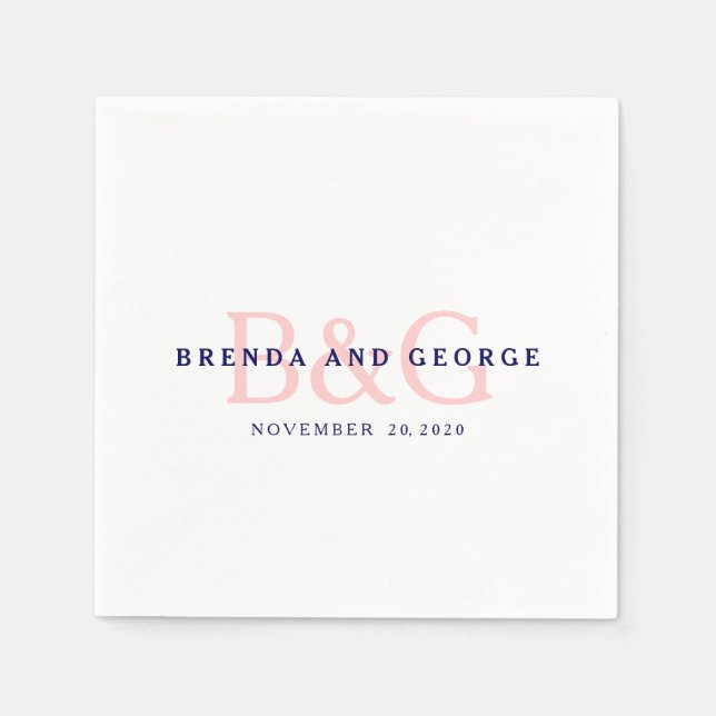 Pink Navy Blue Monogram Wedding Paper Napkins (Front)