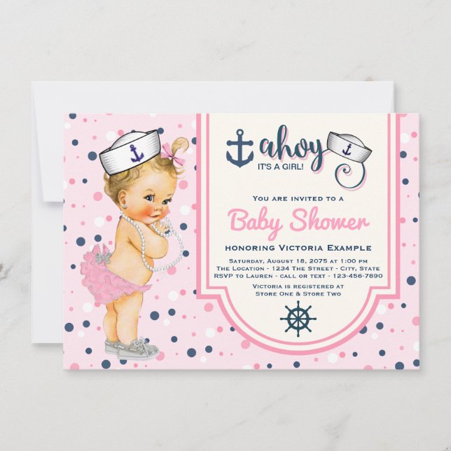 Pink Navy Blue Nautical Baby Shower Invitation (Front)