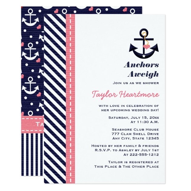 Pink Navy Blue Nautical Bridal Shower Invitations