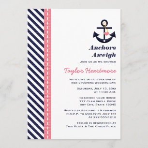 Pink Navy Blue Nautical Bridal Shower Invitations