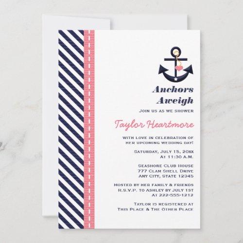 Pink Navy Blue Nautical Bridal Shower Invitations