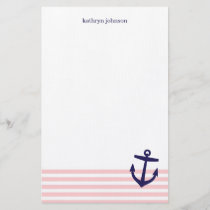 Pink &amp; Navy Blue Nautical Stripes &amp; Cute Anchor Stationery