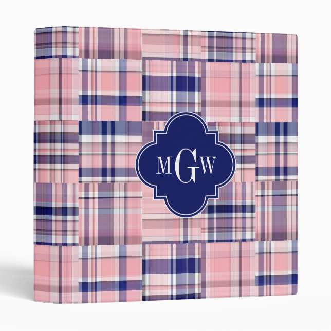 Pink, Navy Blue Preppy Patchwork Madras Monogram Binder (Front/Spine)