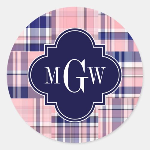 Pink Navy Blue Preppy Patchwork Madras Monogram Classic Round Sticker