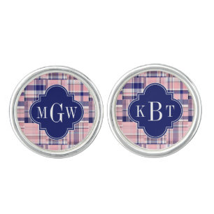 Pink, Navy Blue Preppy Patchwork Madras Monogram Cufflinks