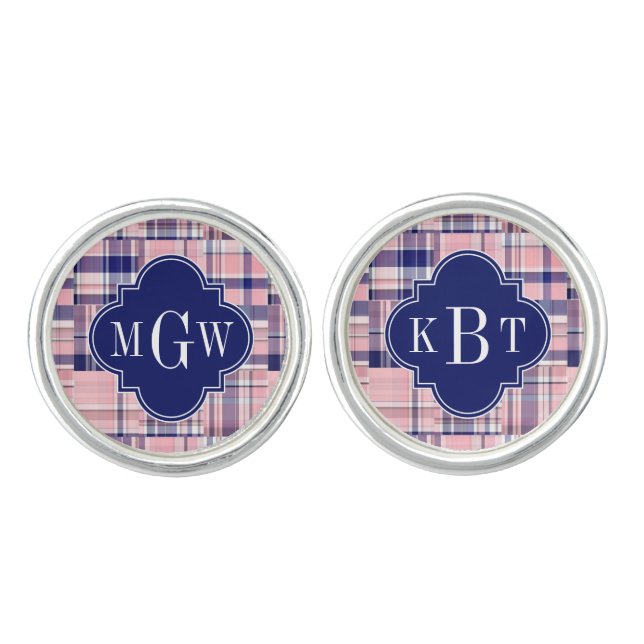 Pink, Navy Blue Preppy Patchwork Madras Monogram Cufflinks (Front)