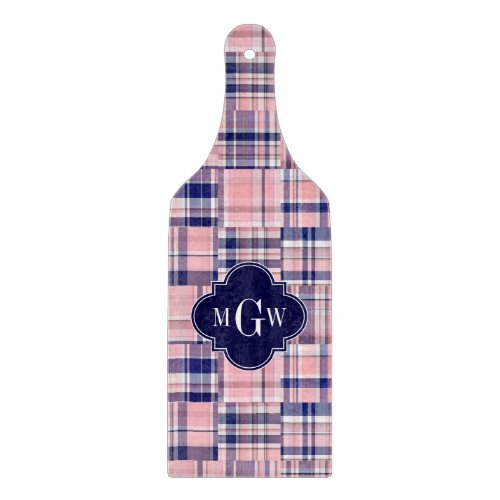 Pink Navy Blue Preppy Patchwork Madras Monogram Cutting Board