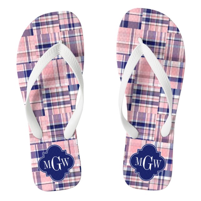 Pink, Navy Blue Preppy Patchwork Madras Monogram Flip Flops (Footbed)