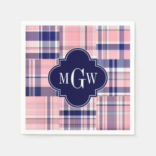 Pink, Navy Blue Preppy Patchwork Madras Monogram Napkins
