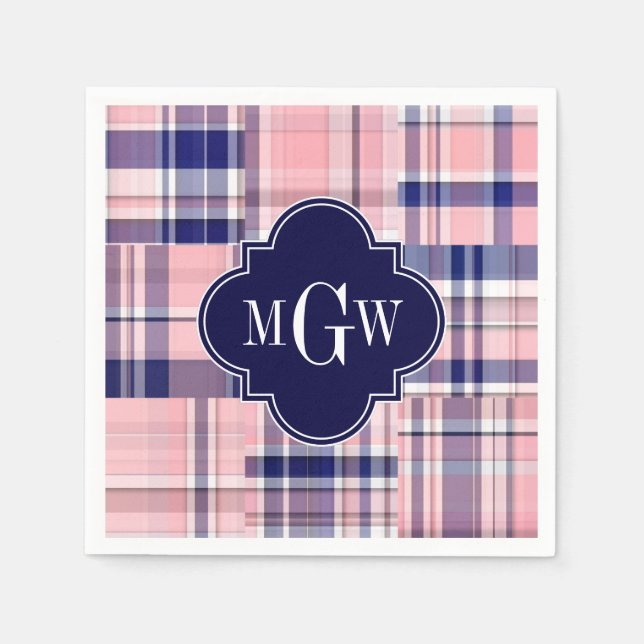 Pink, Navy Blue Preppy Patchwork Madras Monogram Napkins (Front)