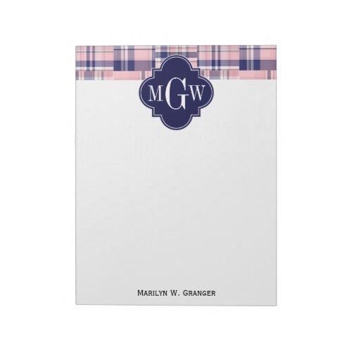 Pink Navy Blue Preppy Patchwork Madras Monogram Notepad