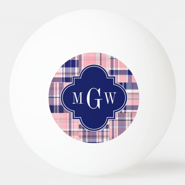 Pink, Navy Blue Preppy Patchwork Madras Monogram Ping-Pong Ball (Front)