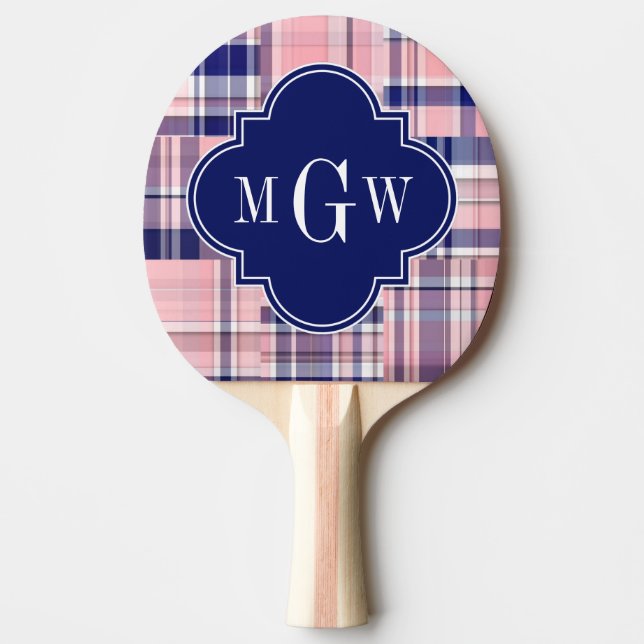 Pink, Navy Blue Preppy Patchwork Madras Monogram Ping-Pong Paddle (Front)