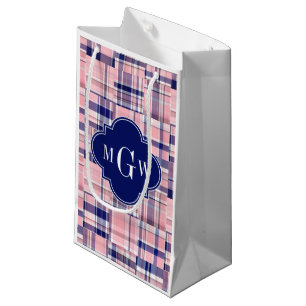 Pink, Navy Blue Preppy Patchwork Madras Monogram Small Gift Bag