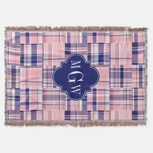 Pink Navy Blue Preppy Patchwork Madras Monogram Throw Blanket