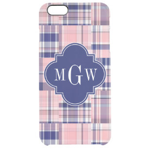 Pink, Navy Blue Preppy Patchwork Madras Monogram Clear iPhone 6 Plus Case