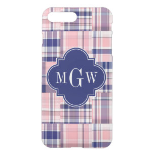 Pink, Navy Blue Preppy Patchwork Madras Monogram iPhone 8 Plus/7 Plus Case