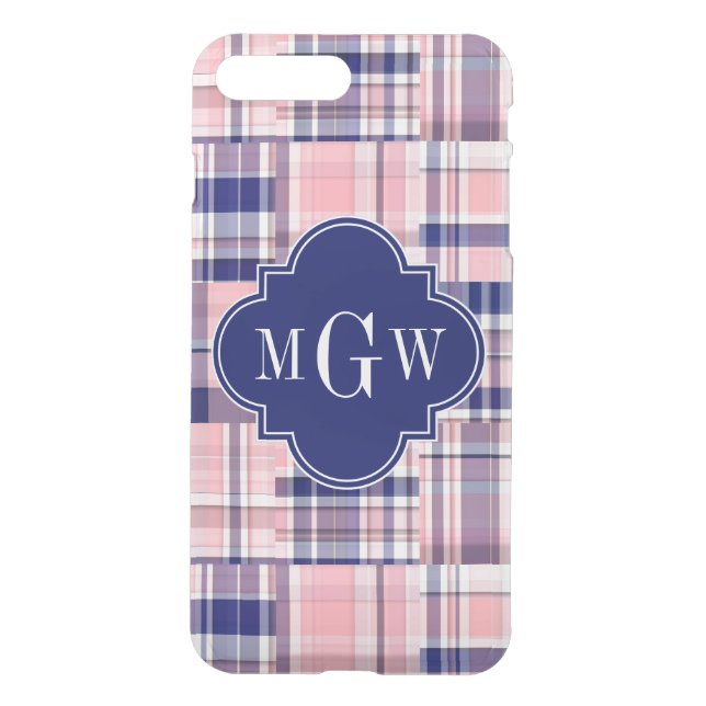 Pink, Navy Blue Preppy Patchwork Madras Monogram Uncommon iPhone Case (Back)