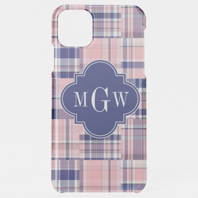 Pink, Navy Blue Preppy Patchwork Madras Monogram Uncommon iPhone Case (Back)
