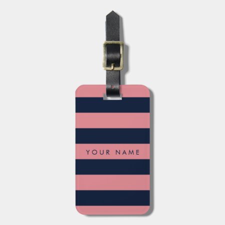 Pink & Navy Blue Striped Personalized Luggage Tag