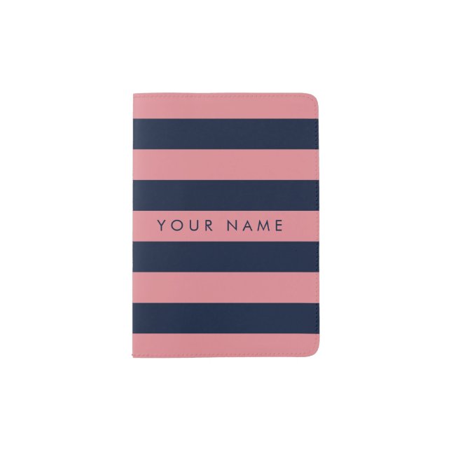 Pink & Navy Blue Striped Personalized Passport Holder (Front)