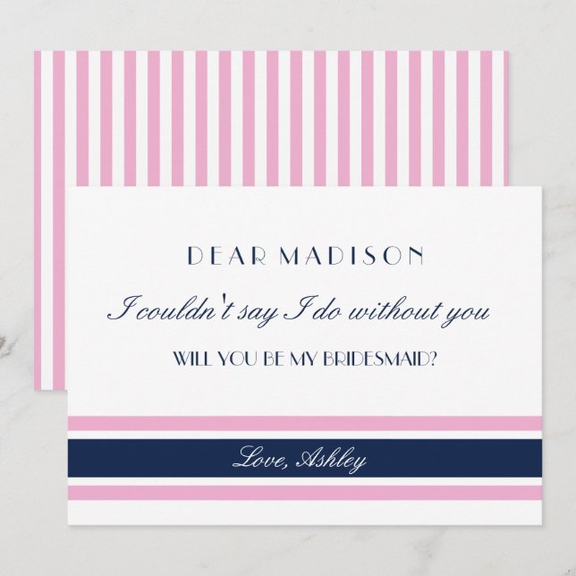 Pink & Navy Blue Stripes Will You Be My Bridesmaid Invitation (Front/Back)