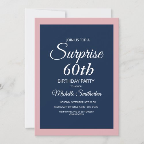 Pink Navy Blue Surprise 60th Birthday Invitation