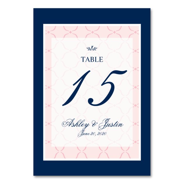 Pink, Navy Blue Traditional Wedding Table Number Card