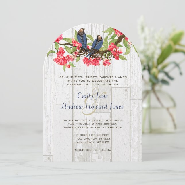 Pink Navy Blue Vintage Lovebird Barn Wood Invitation (Standing Front)