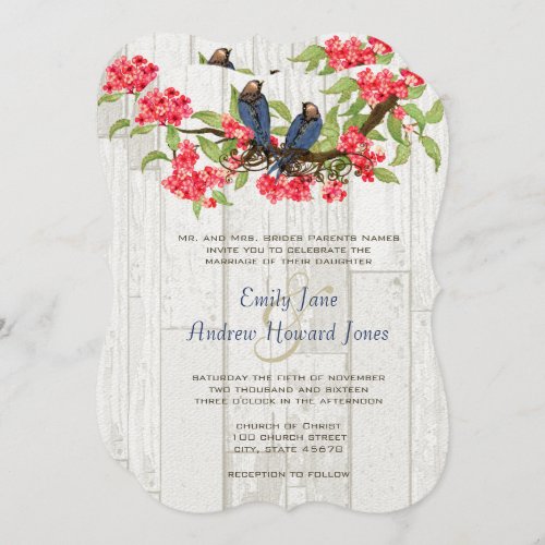 Pink Navy Blue Vintage Lovebird Barn Wood Invitation