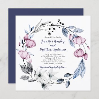 Pink & Navy Blue Watercolor Floral Wreath Wedding Invitation by dmboyce at Zazzle