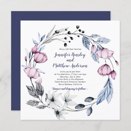 Pink & Navy Blue Watercolor Floral Wreath Wedding Invitation