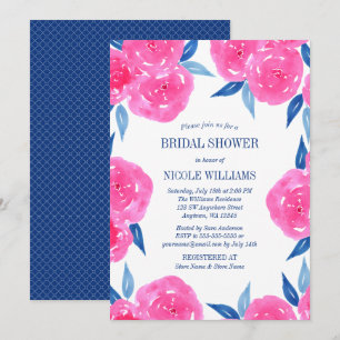 Pink Navy Blue Watercolor Flowers Bridal Shower Invitation